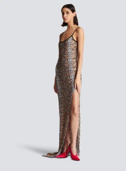 Women Balmain Long Strappy Snakeskin Knit Dress