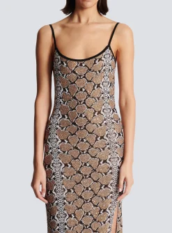 Women Balmain Long Strappy Snakeskin Knit Dress