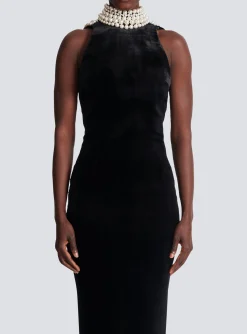 Women Balmain Long Velvet Halterneck Dress