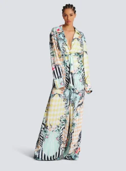 Women Balmain Loose Belted Shirt With Baroque Print