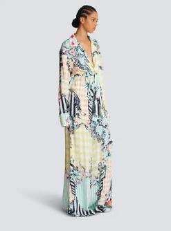 Women Balmain Loose Belted Shirt With Baroque Print