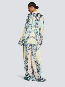 Women Balmain Loose Belted Shirt With Baroque Print