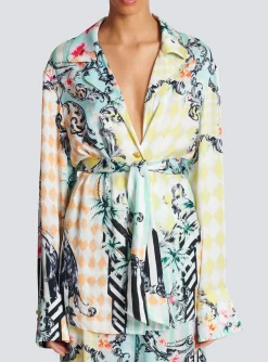 Women Balmain Loose Belted Shirt With Baroque Print