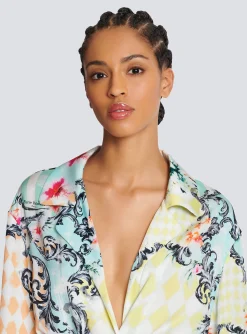 Women Balmain Loose Belted Shirt With Baroque Print