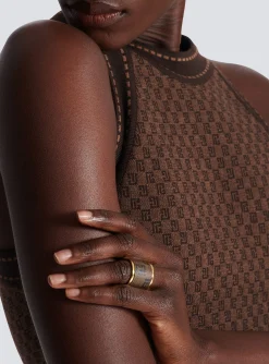 Women Balmain Metal And Canvas Mini Monogram Ring