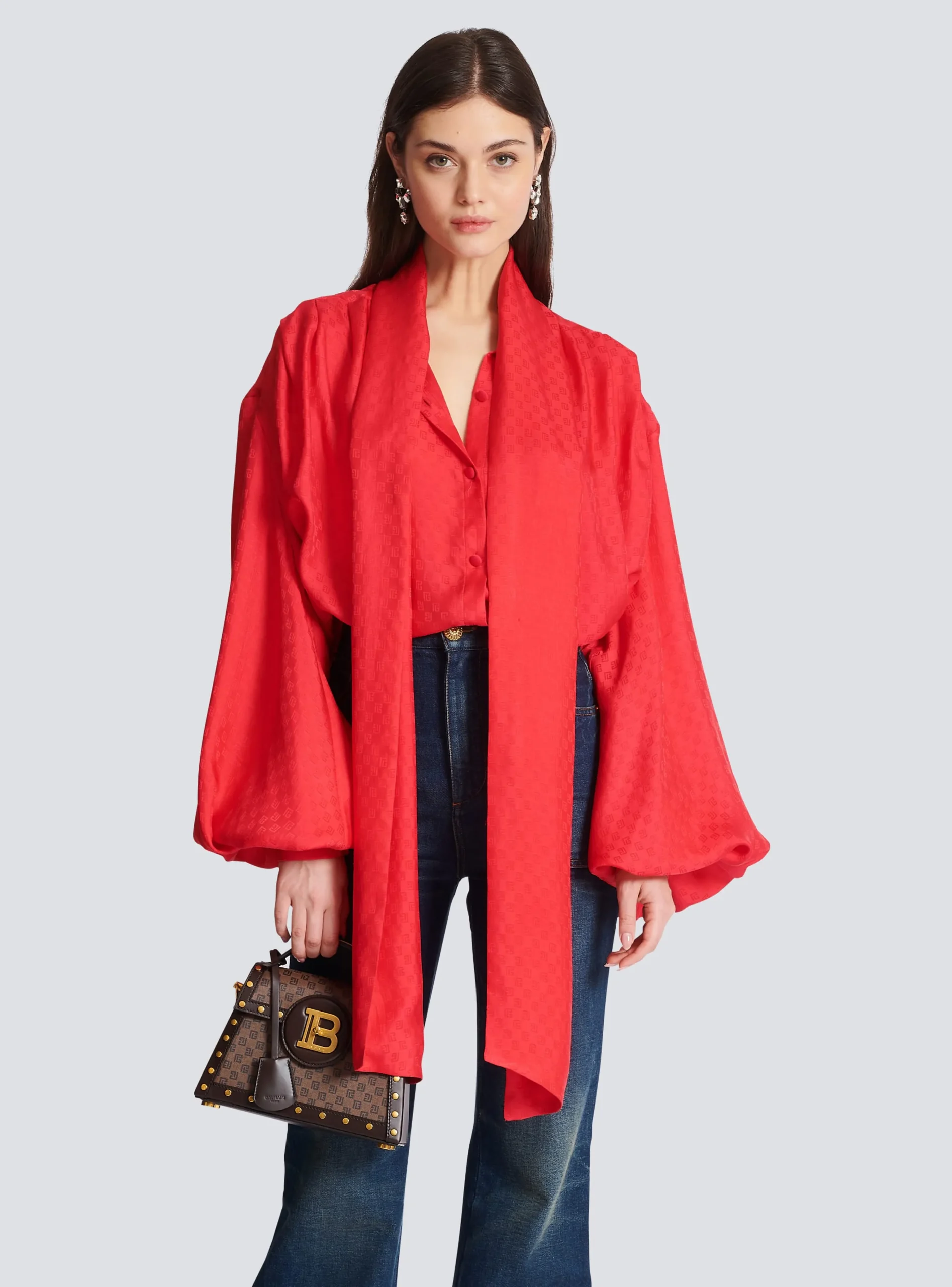 Women Balmain Mini Monogram Silk Shirt