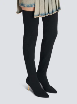 Women Balmain Moneta Mesh Thigh Boots With Monogram