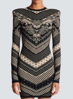 Women Balmain Monogram And Paisley Knit Short Dress