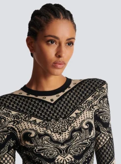 Women Balmain Monogram And Paisley Knit Short Dress