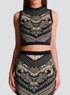 Women Balmain Monogram And Paisley Knit Tank Top