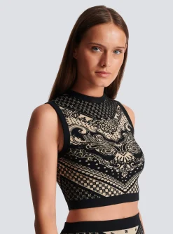 Women Balmain Monogram And Paisley Knit Tank Top