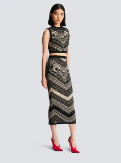 Women Balmain Monogram And Paisley Knit Skirt