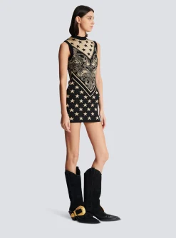 Women Balmain Monogram And Star Knit Short Dress
