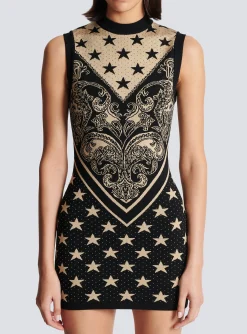 Women Balmain Monogram And Star Knit Short Dress