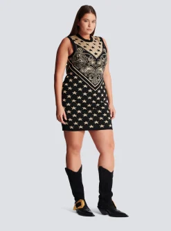Women Balmain Monogram And Star Knit Short Dress