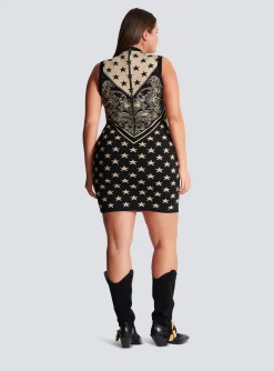 Women Balmain Monogram And Star Knit Short Dress