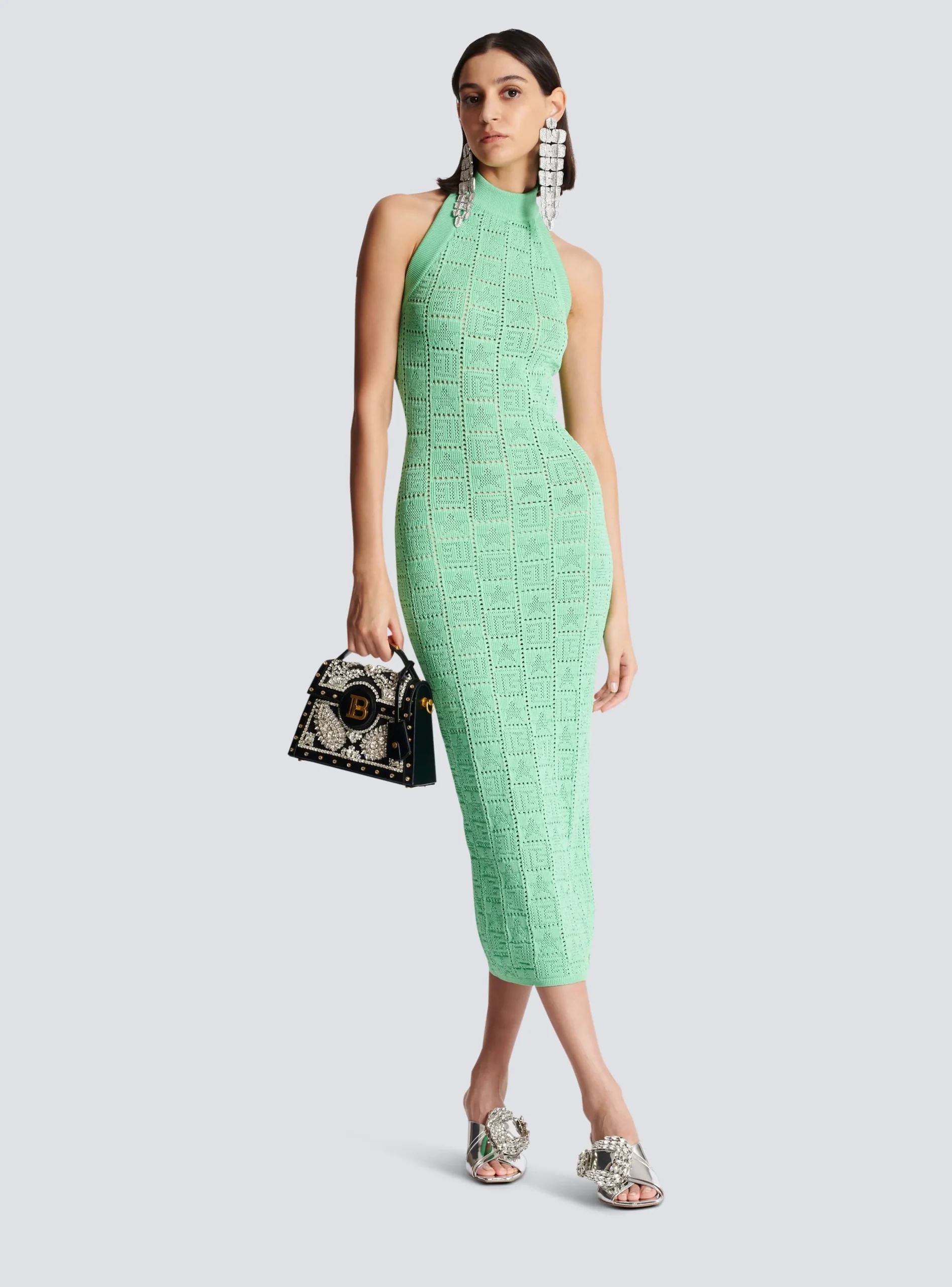 Women Balmain Monogram Knit Backless Dress