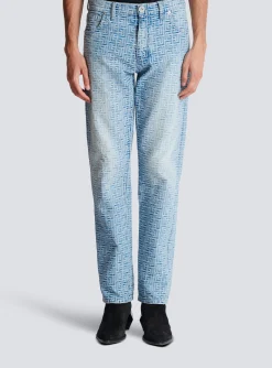 Balmain Monogrammed Jacquard Denim Jeans