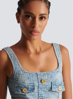 Women Balmain Monogrammed Short Denim Dress