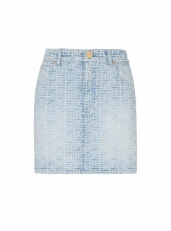 Women Balmain Monogrammed Short Denim Skirt