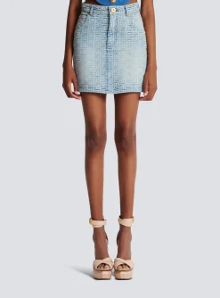 Women Balmain Monogrammed Short Denim Skirt