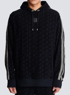 Balmain Monogrammed Velvet Hooded Sweatshirt