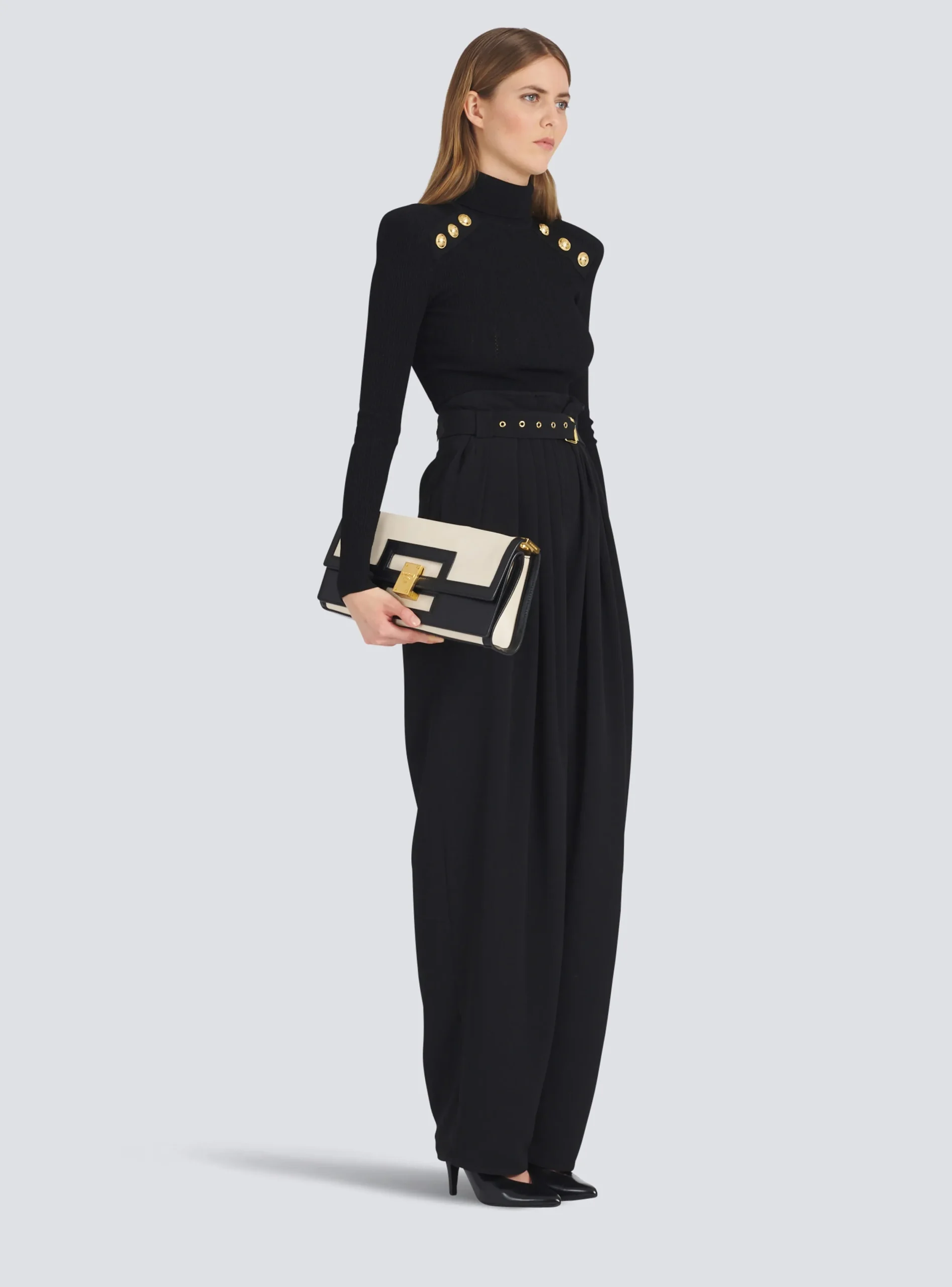 Women Balmain Oversized Black And Leather 1945 Heritage Clutch Bag
