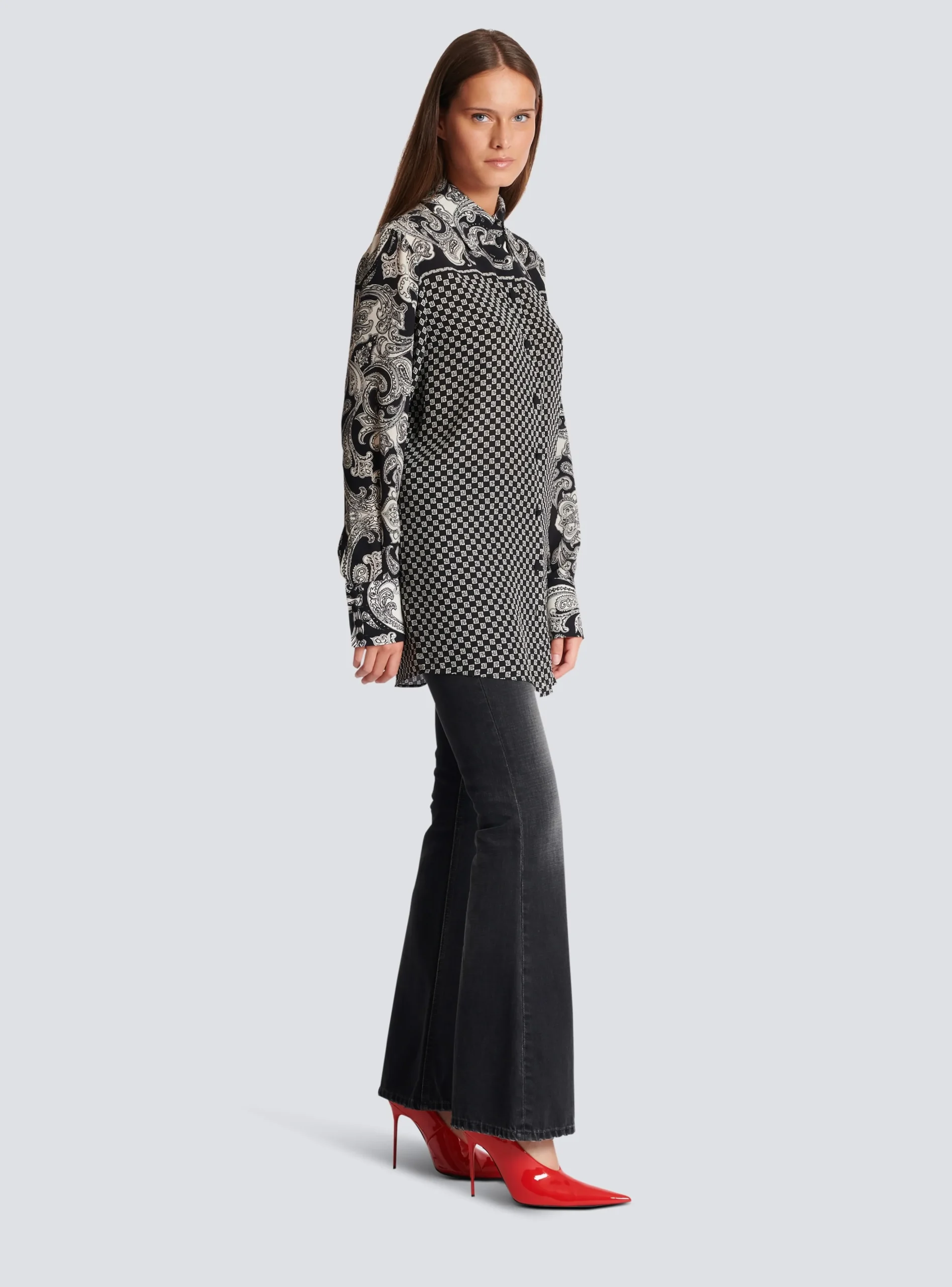Women Balmain Paisley And Mini Monogram Printed Silk Shirt