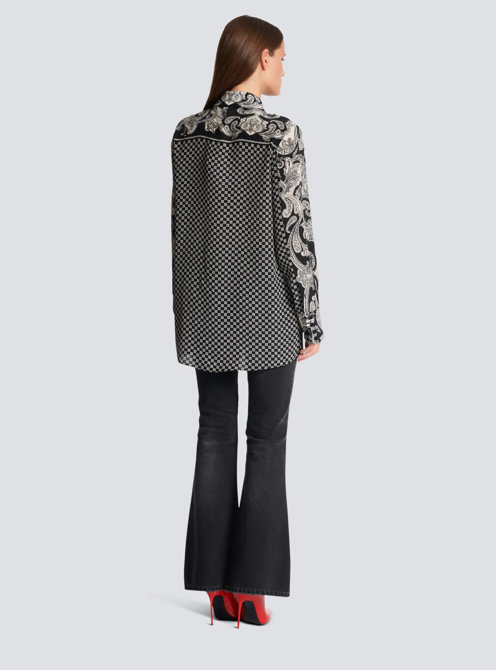 Women Balmain Paisley And Mini Monogram Printed Silk Shirt
