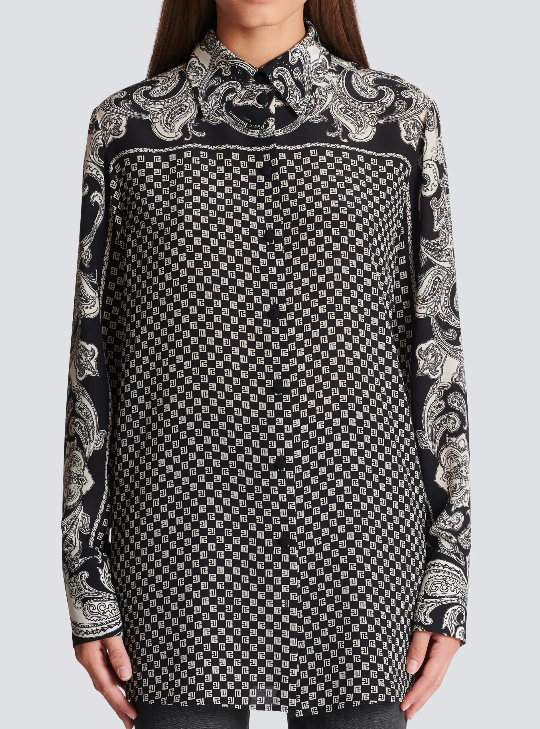 Women Balmain Paisley And Mini Monogram Printed Silk Shirt