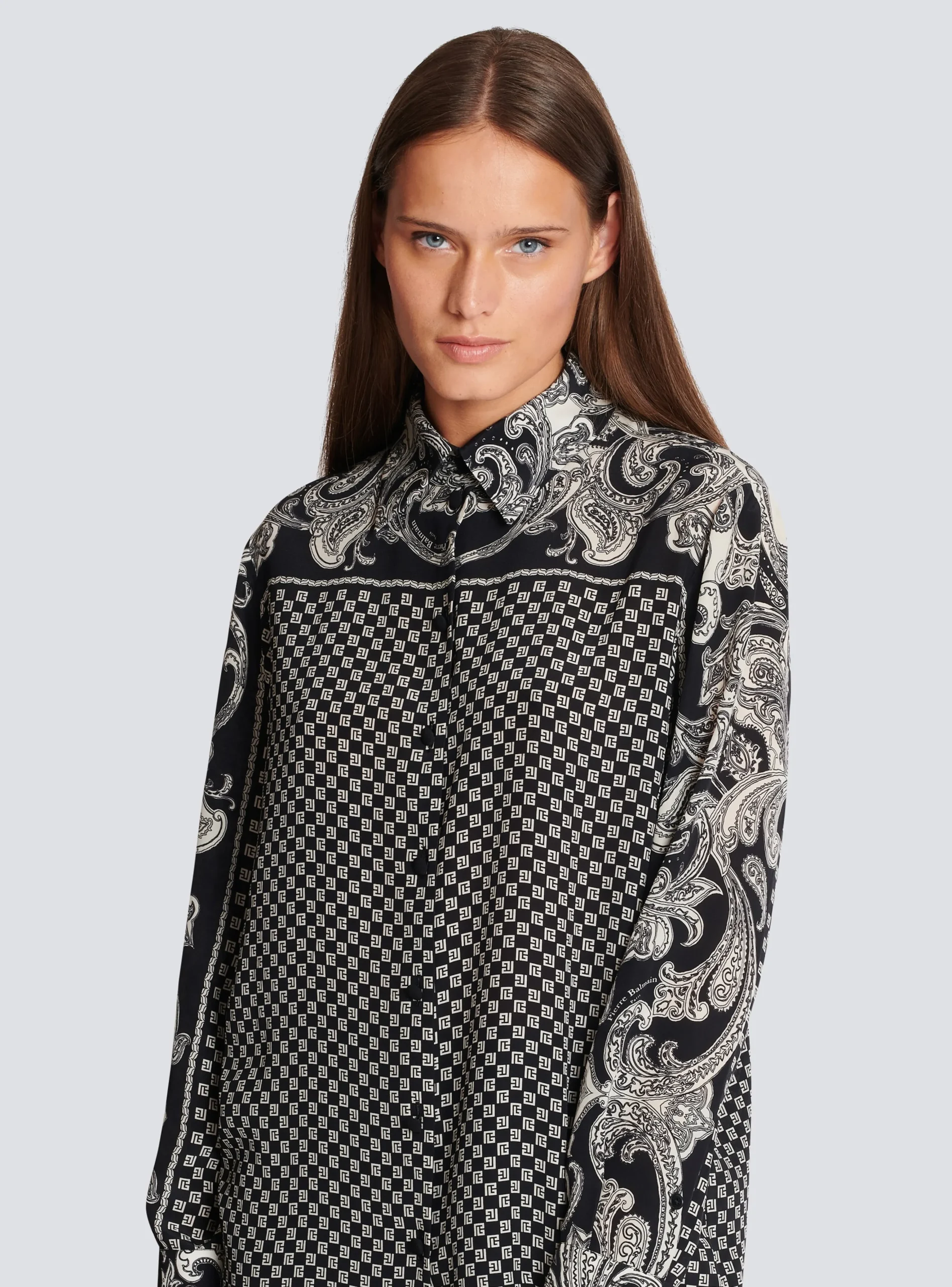 Women Balmain Paisley And Mini Monogram Printed Silk Shirt