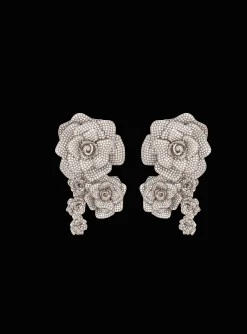 Women Balmain Palladium Rose Earrings Set With Crystals