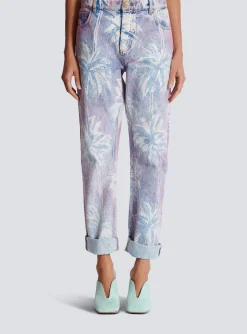 Women Balmain Palm Tree Denim Boyfriend Jeans