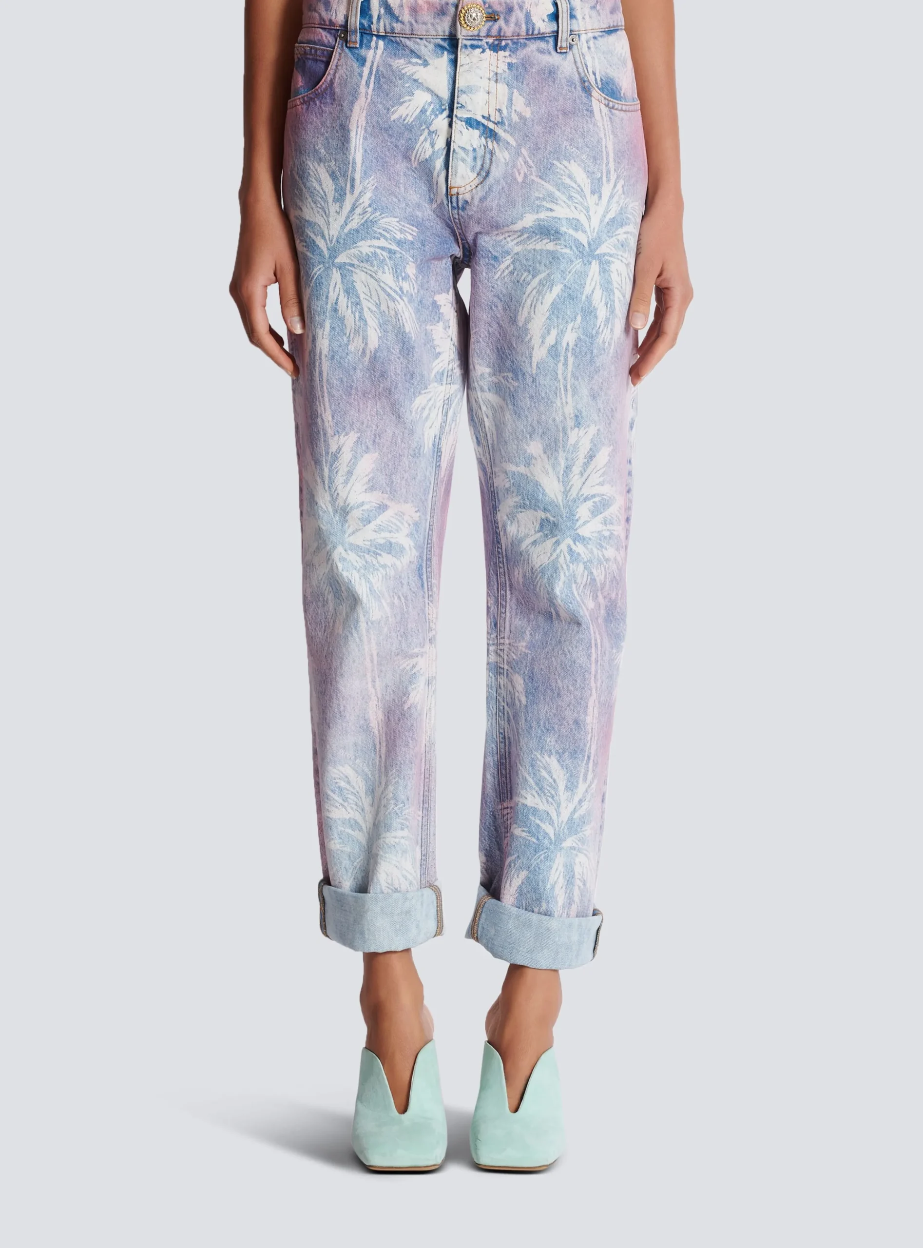 Women Balmain Palm Tree Denim Boyfriend Jeans