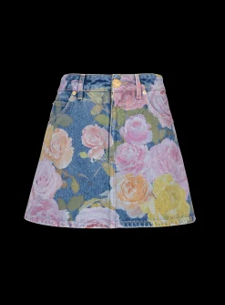 Women Balmain Pastel Roses Printed Denim Skirt