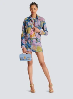Women Balmain Pastel Roses Printed Denim Skirt