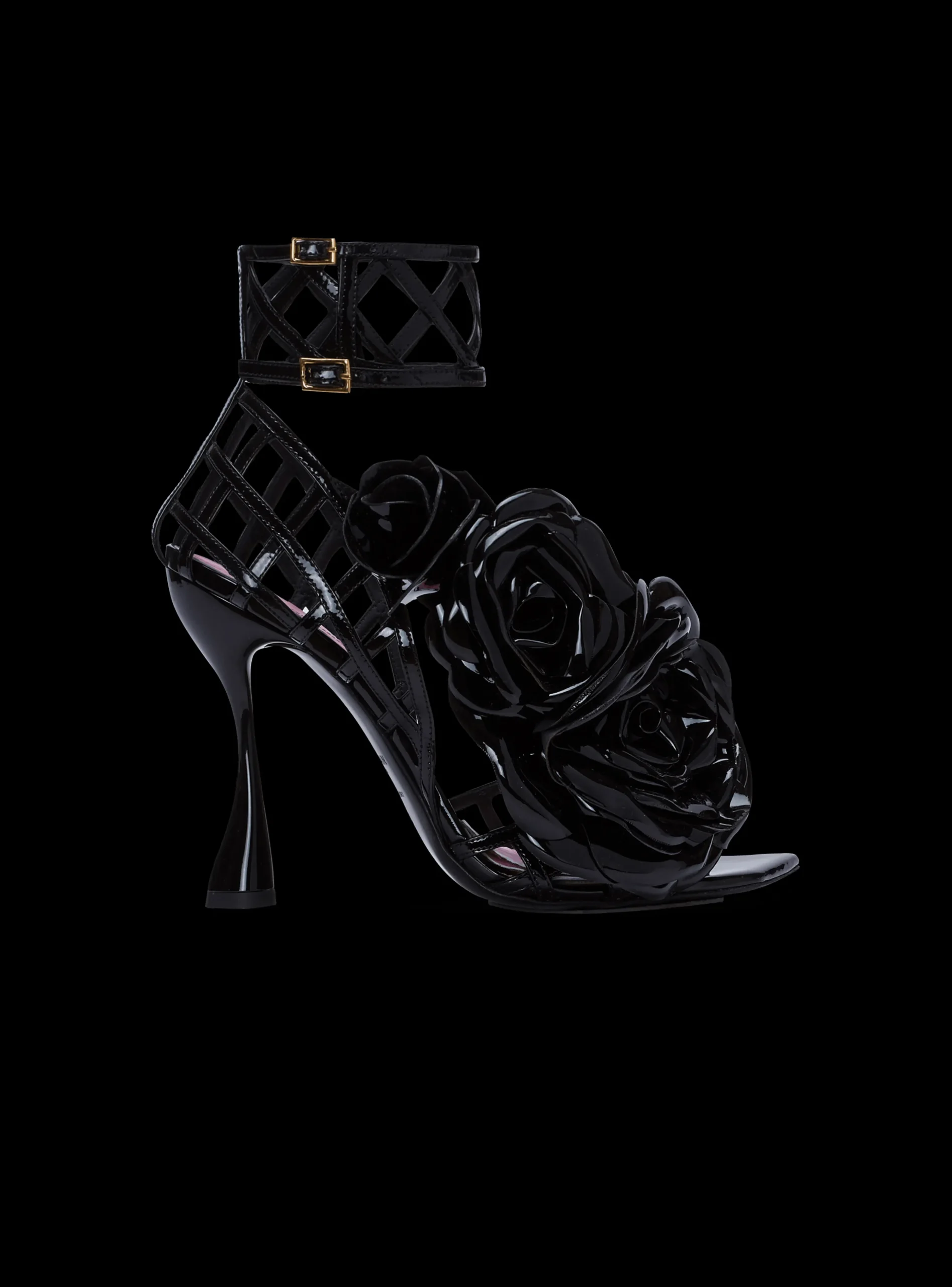 Women Balmain Patent Leather Eden Sandals With Openwork Grid And Flowers