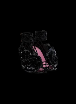Women Balmain Patent Leather Eden Sandals With Openwork Grid And Flowers
