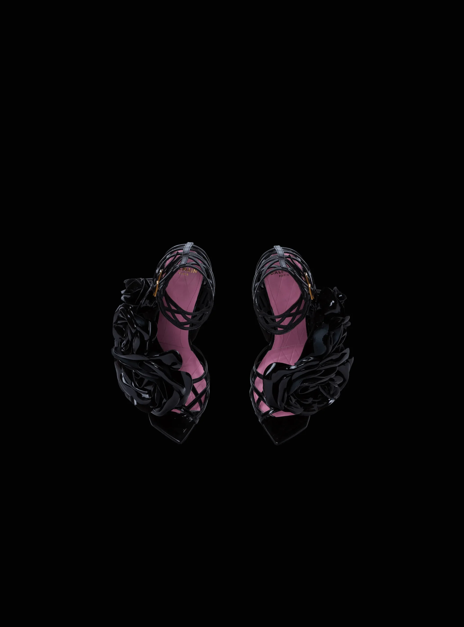Women Balmain Patent Leather Eden Sandals With Openwork Grid And Flowers