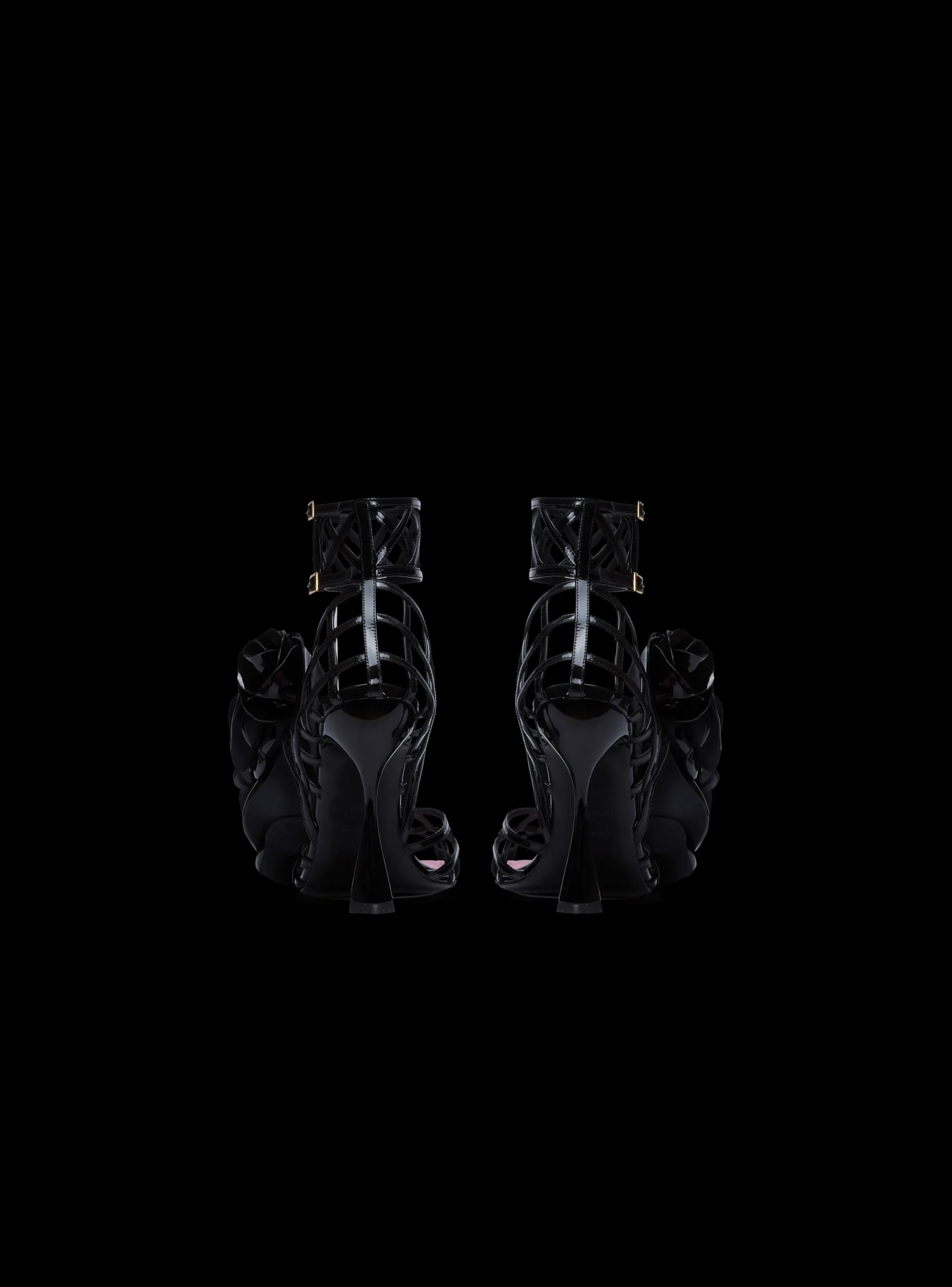 Women Balmain Patent Leather Eden Sandals With Openwork Grid And Flowers