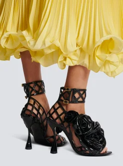 Women Balmain Patent Leather Eden Sandals With Openwork Grid And Flowers