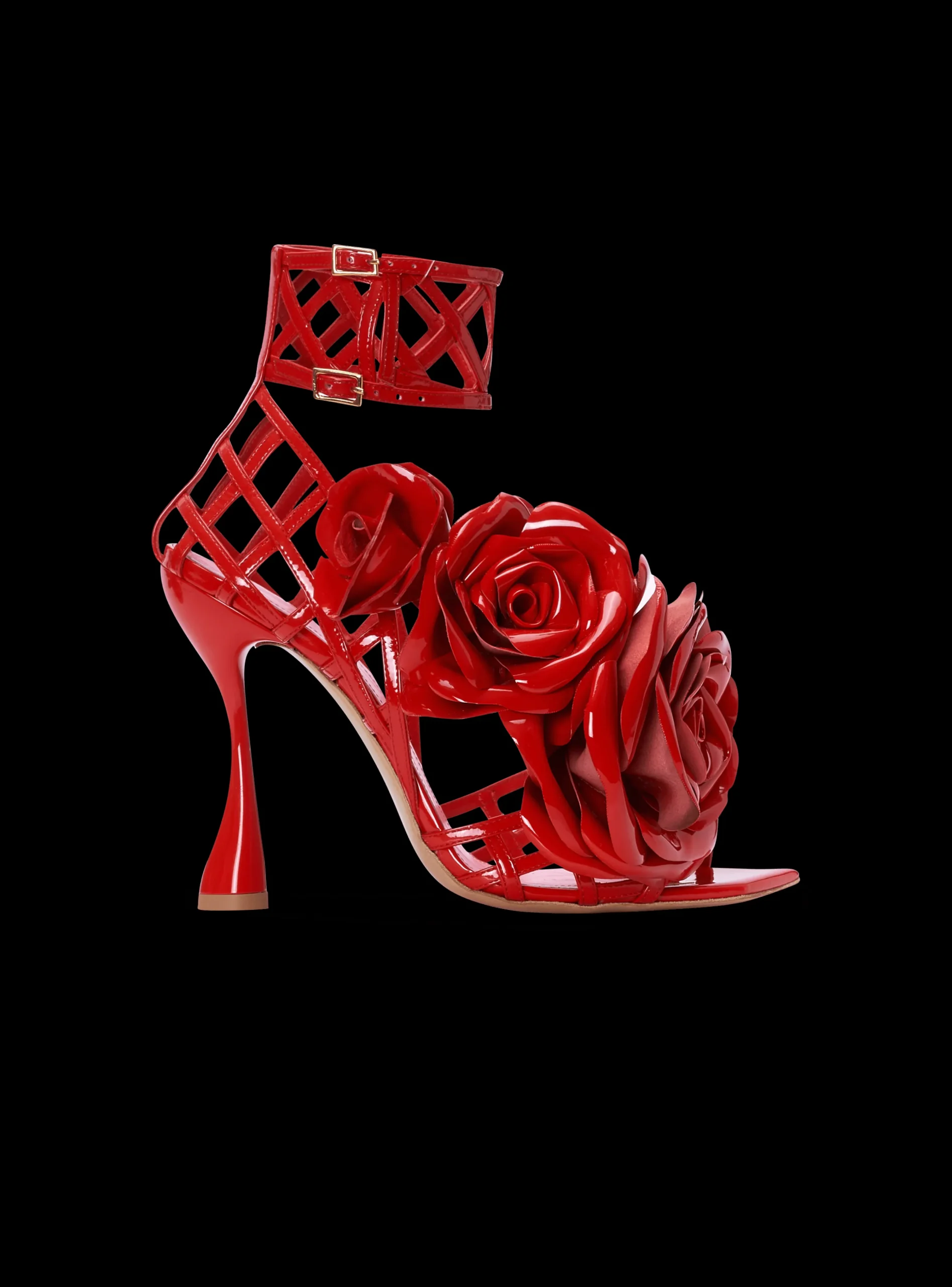 Women Balmain Patent Leather Eden Sandals With Openwork Grid And Flowers