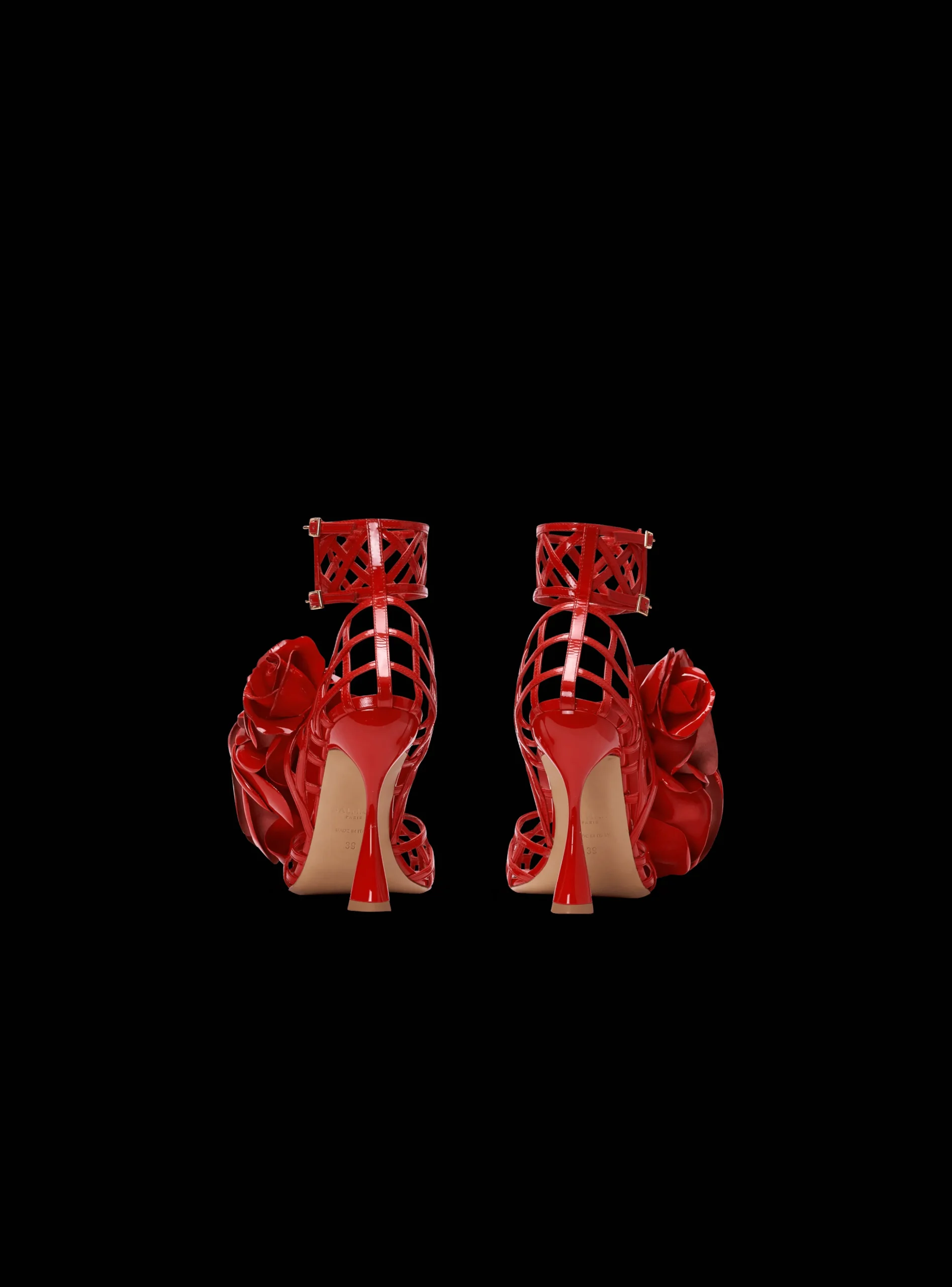 Women Balmain Patent Leather Eden Sandals With Openwork Grid And Flowers