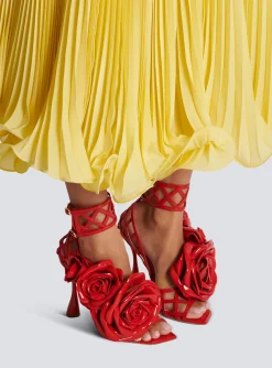 Women Balmain Patent Leather Eden Sandals With Openwork Grid And Flowers