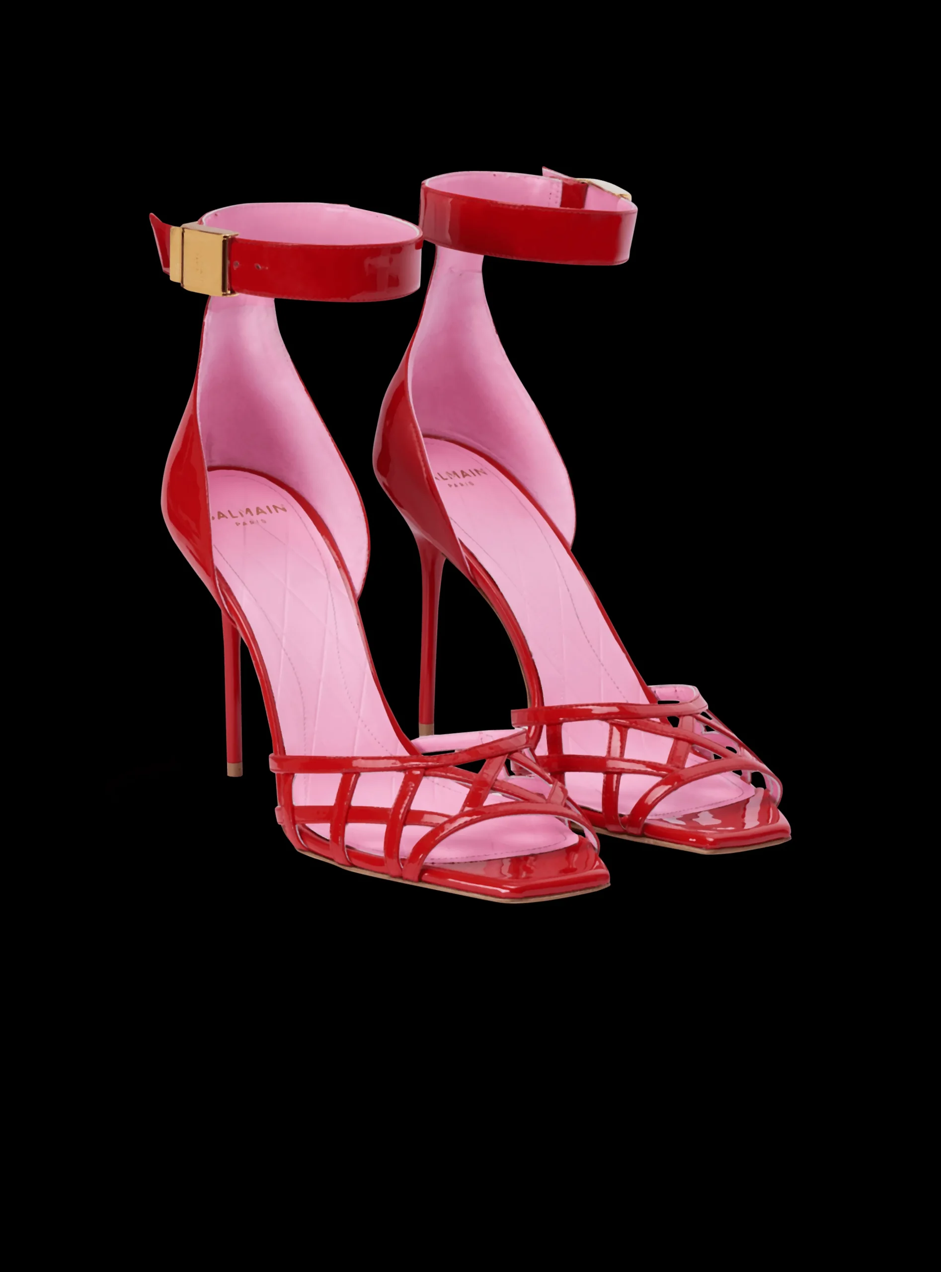 Women Balmain Patent Leather Uma Sandals With Openwork Grid