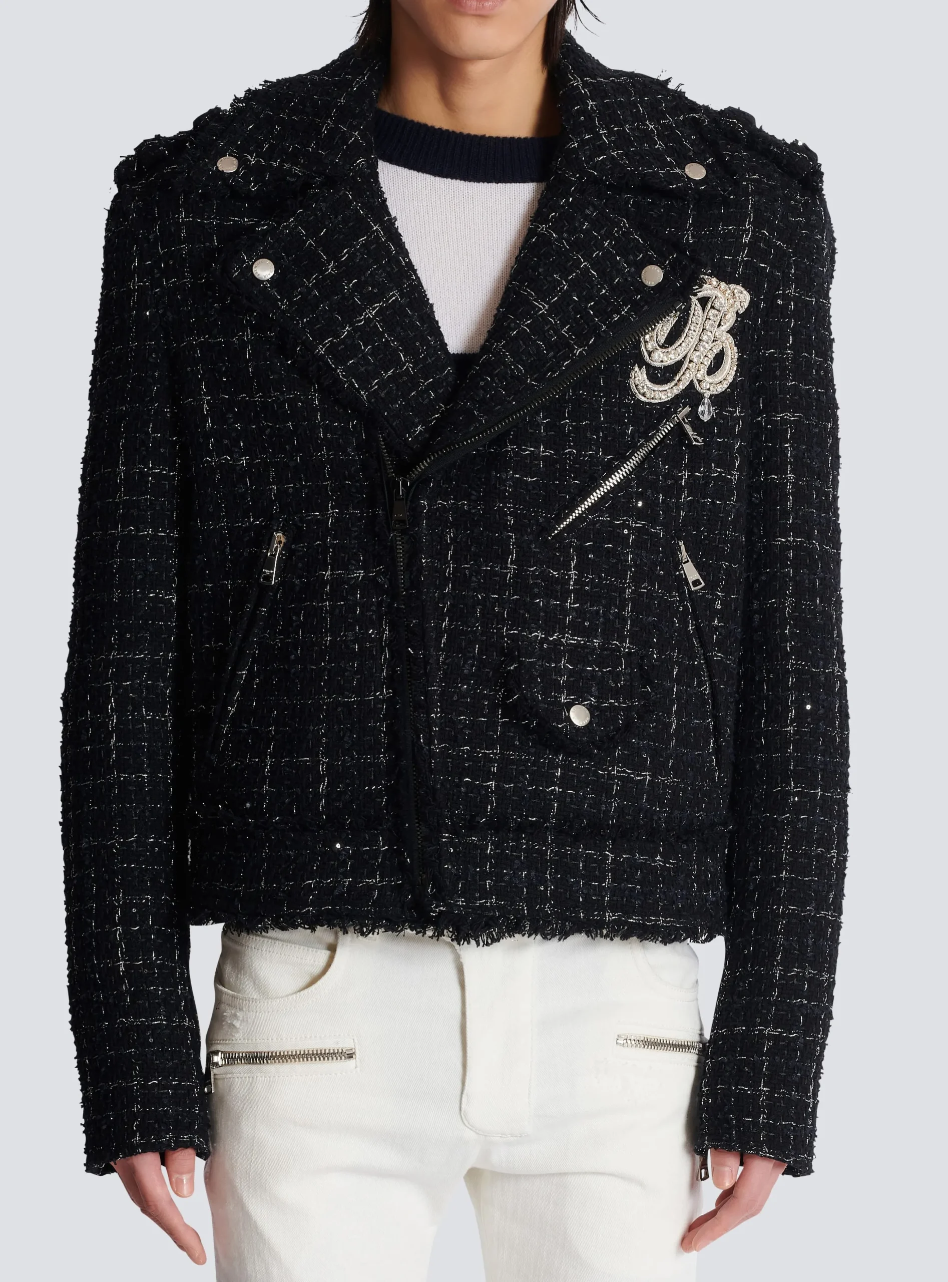 Balmain PB Signature Tweed Biker Jacket