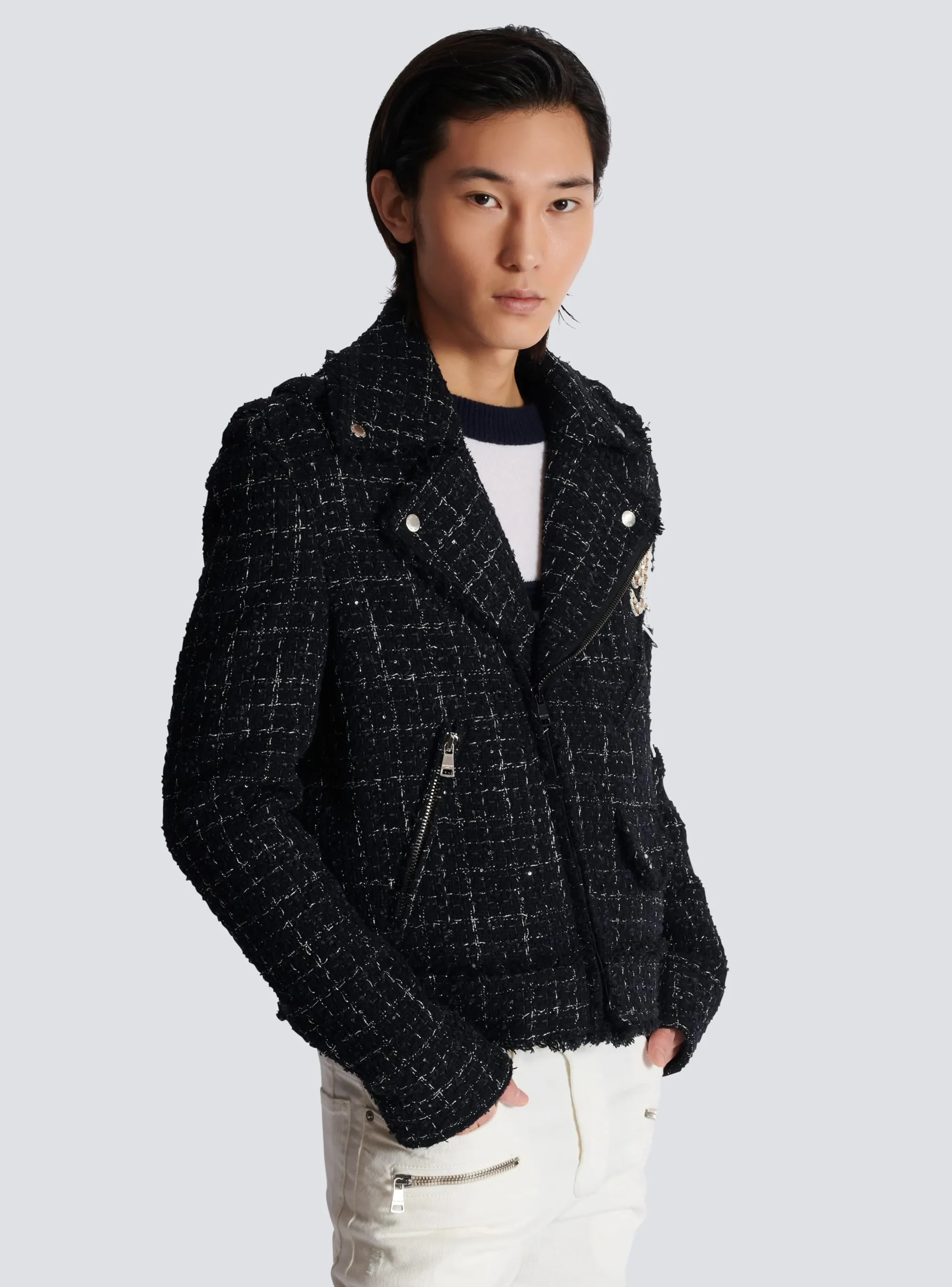 Balmain PB Signature Tweed Biker Jacket