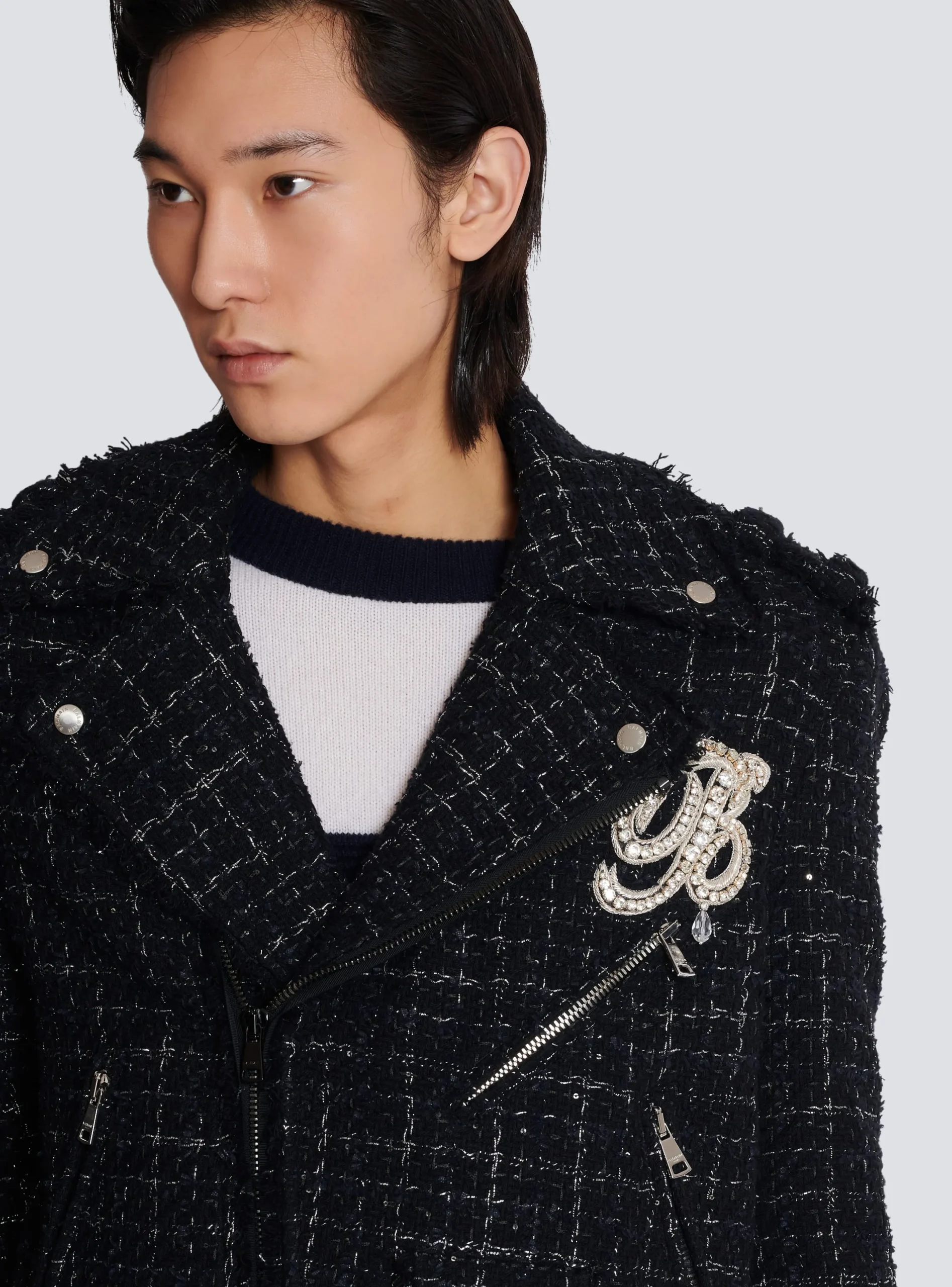 Balmain PB Signature Tweed Biker Jacket