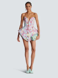 Women Balmain Peplum Bustier Dress With Feather Print