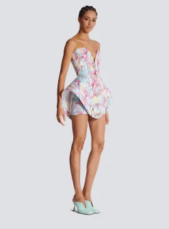 Women Balmain Peplum Bustier Dress With Feather Print